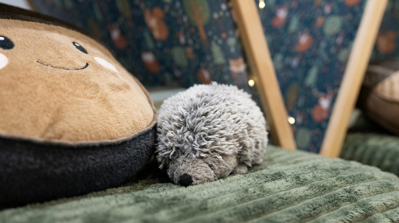 A hedgehog plush beside a smiling cushion