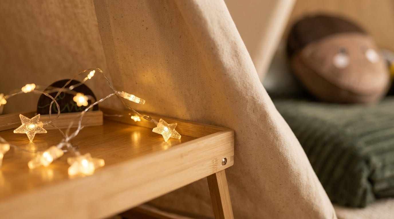 Star fairy lights on a timber bed tray