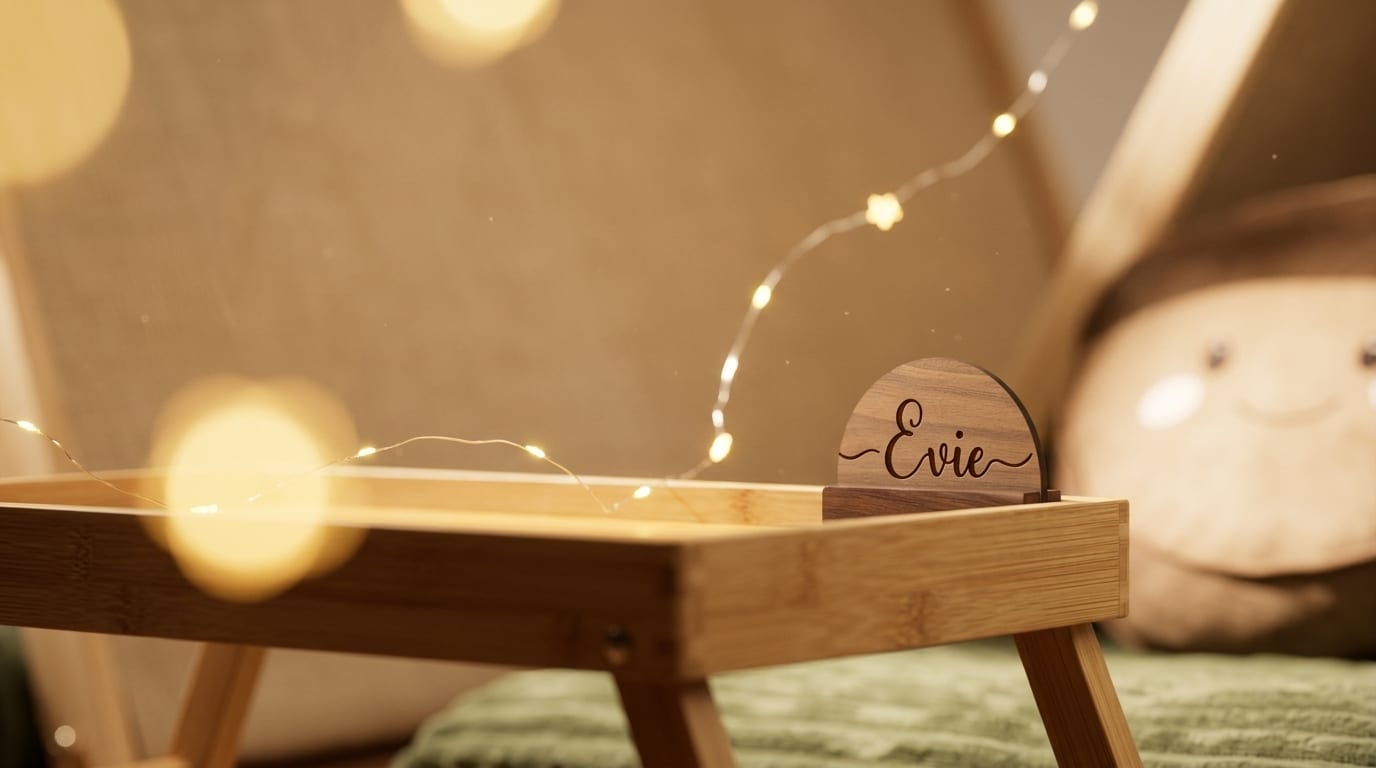 A wooden name tag on a styled bed tray