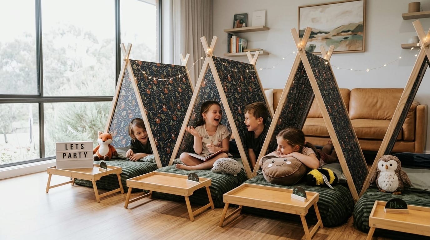 Campers laughing between four teepees