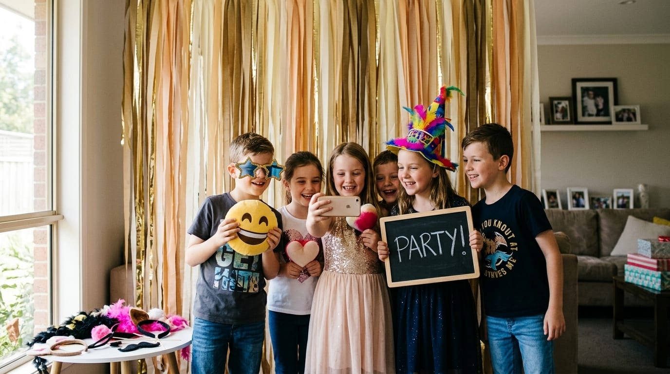 Campers holding up a party chalkboard