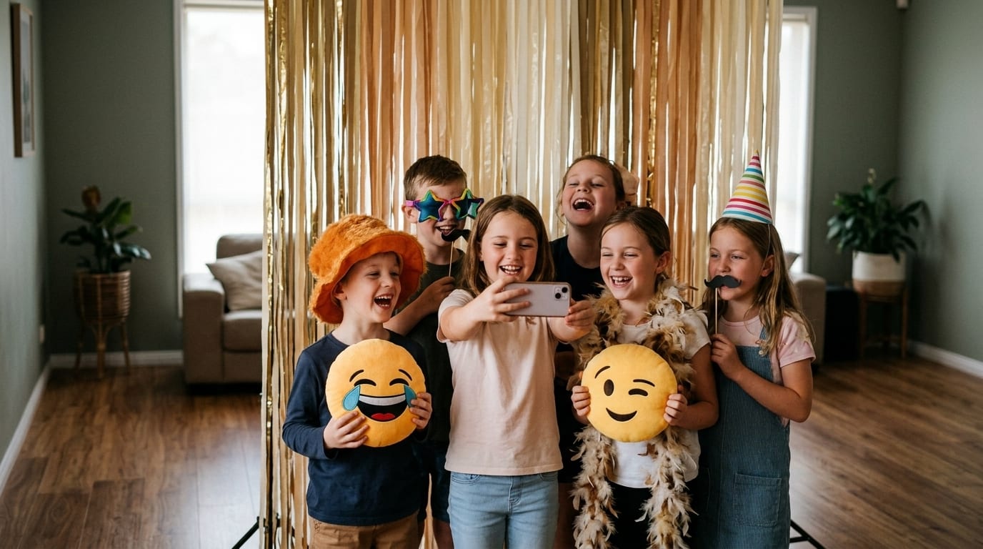 Campers taking a selfie with party props