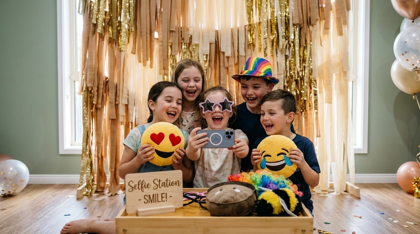 Campers crowded around the selfie station