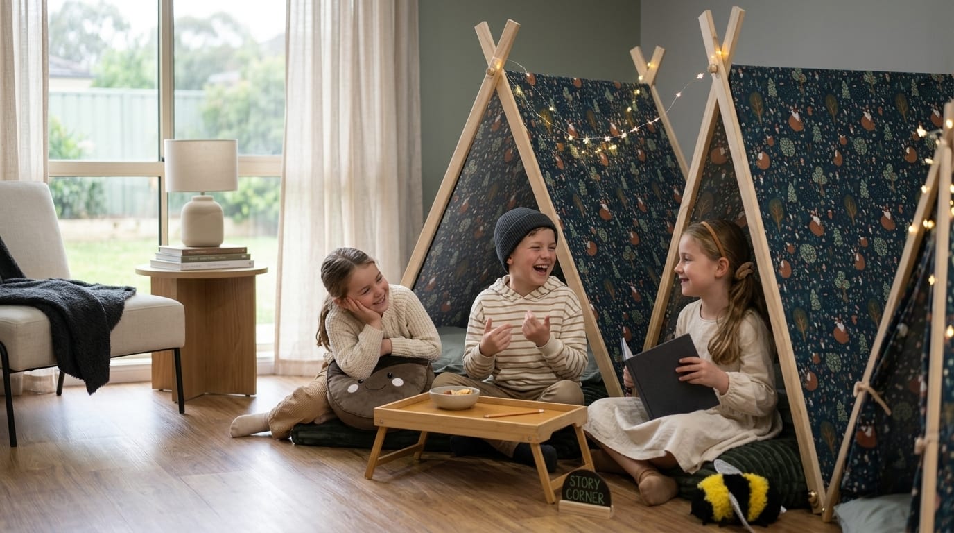 Three campers laughing between the teepees